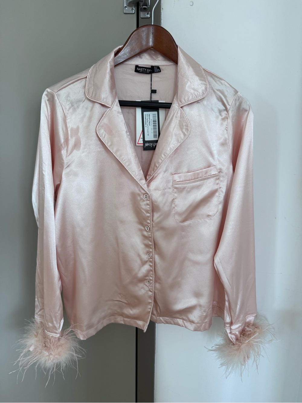 Nasty Gal Champagne Pink Satin PJ Set with Feather Details